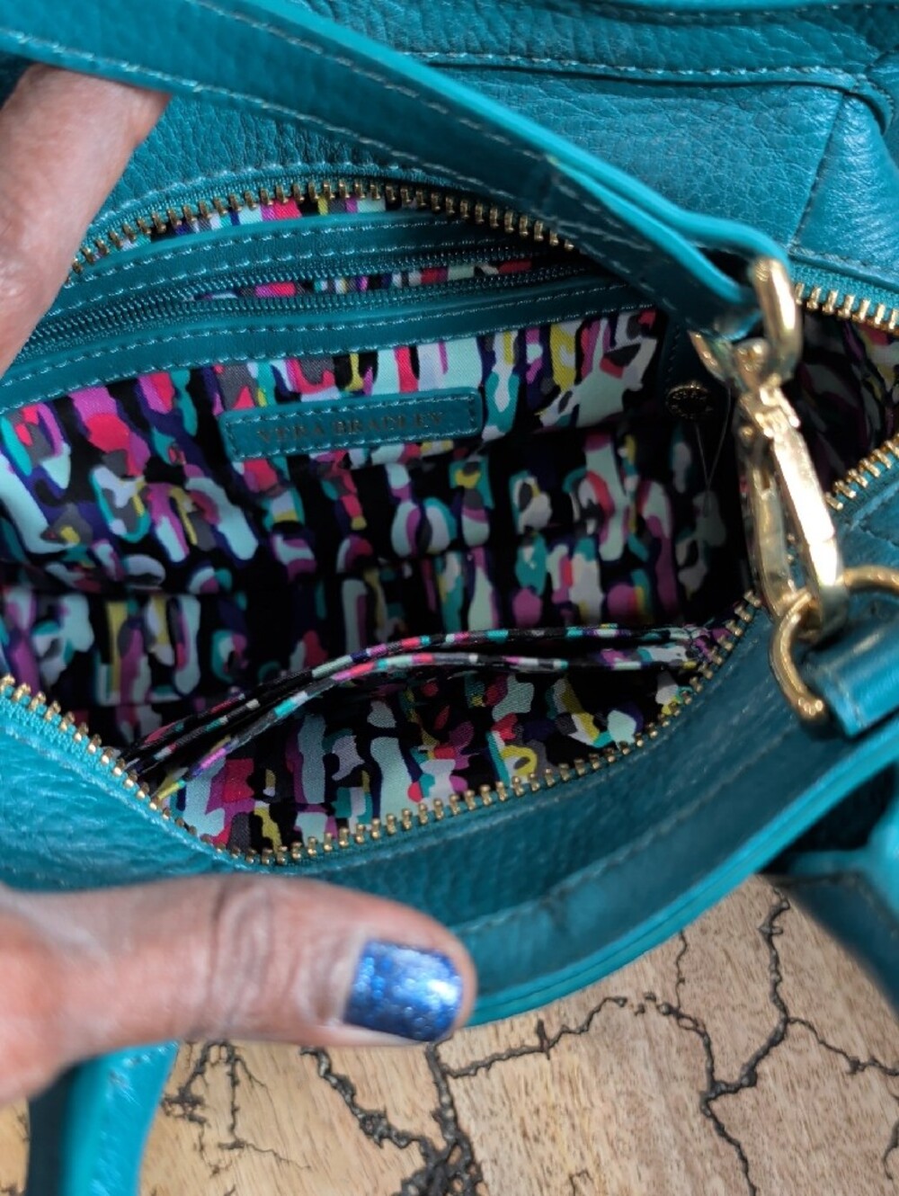 Vera Bradley Teal Blue Mini Satchel with Gold Hardware minor Stain On Front - Picture 2 of 13